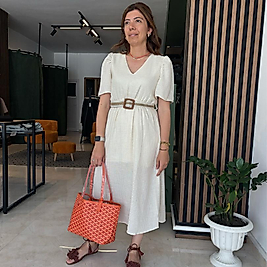 İçi astarlı balon kollu keten elbise