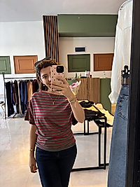 Çizgili omuzu düşük yanları büzgülü body