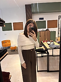 Kahverengi düğmeli arka bel lastikli palazzo