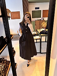 Keten 2 metal düğmeli beli kemerli elbise