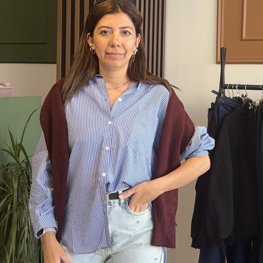 Çizgili poplin cepli gömlek