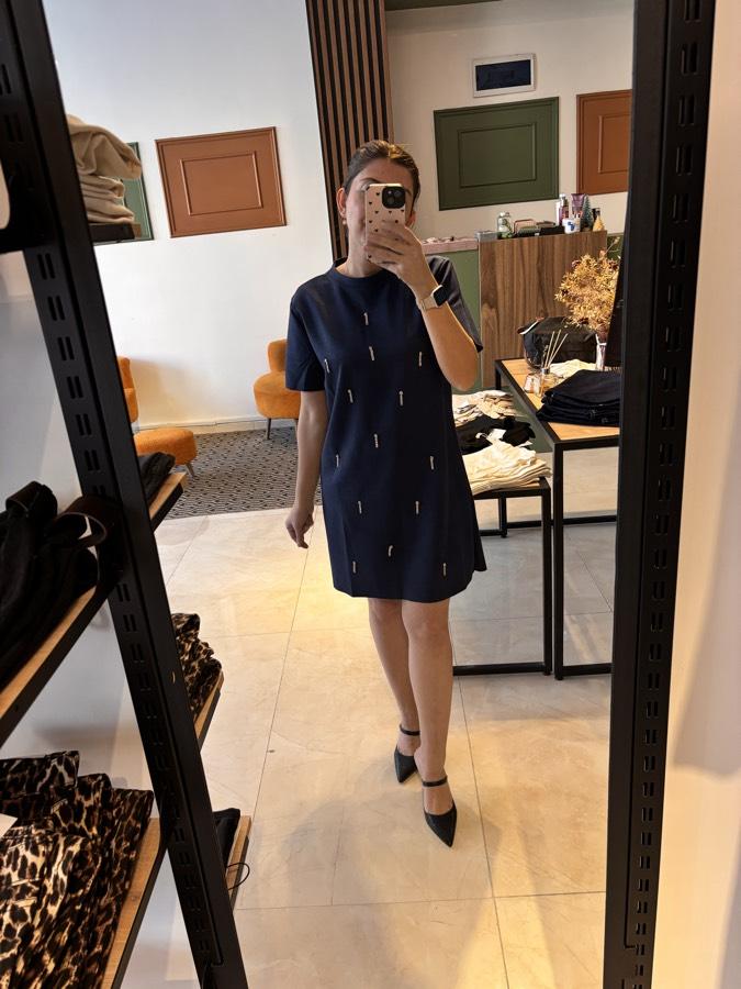 Süet lacivert taşlı elbise