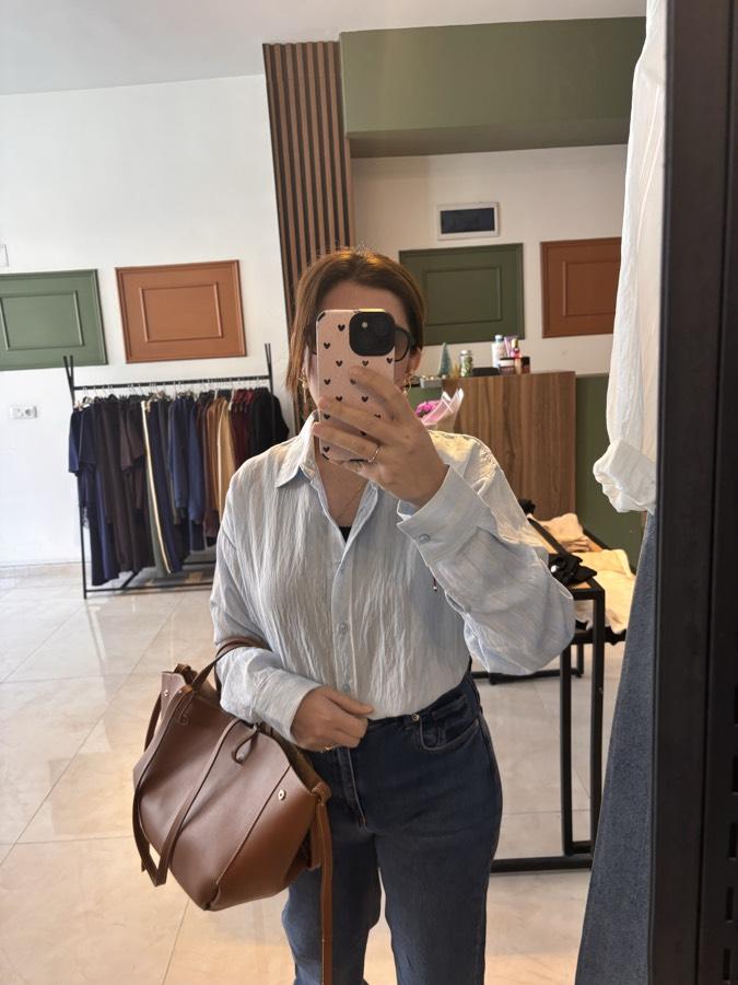 Bebe mavi tensel kumaş kendinden çizgili gömlek